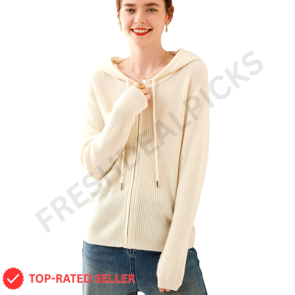 Cashmere Merino Wool Cardigan Full Zip Hoodie Lightweight Relaxed Fit Chic